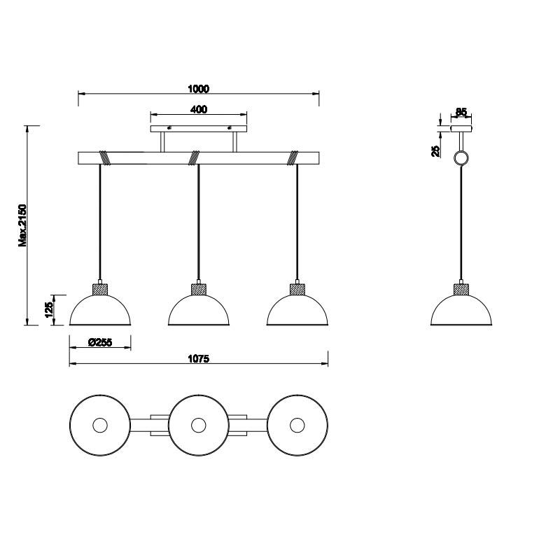 Lampada a sospensione Led Delhi barra rettangolare legno e metallo con 4 luci L. 107cm H. 215cm E27- Trio Lighting - immagine 3