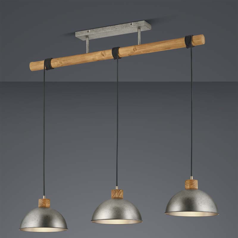 Lampada a sospensione Led Delhi barra rettangolare legno e metallo con 4 luci L. 107cm H. 215cm E27- Trio Lighting - immagine 2