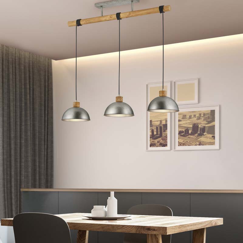Lampada a sospensione Led Delhi barra rettangolare legno e metallo con 4 luci L. 107cm H. 215cm E27- Trio Lighting